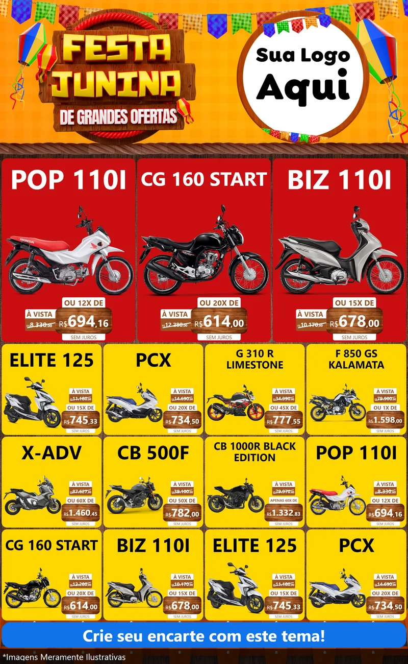 Modelo de Encarte para Encarte Grande com o tema Festa Junina de Grandes Ofertas para Concessionaria de Motos