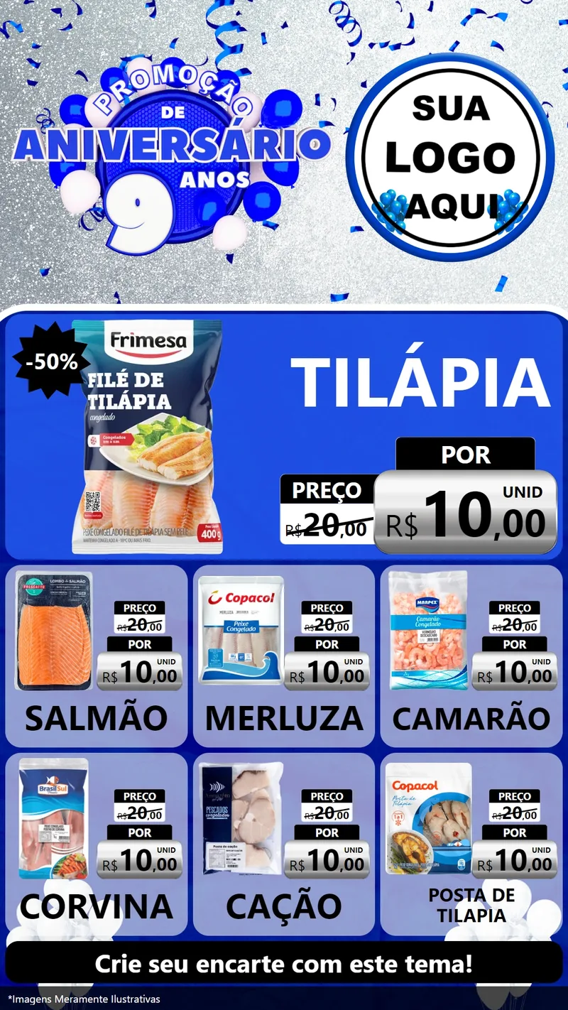 Modelo de Rede Social para Stories com o tema Promoção de Aniversário - 9 Anos para Peixaria