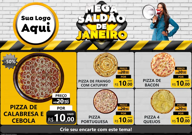 Modelo de Encarte para Encarte A4 Horizontal com o tema Mega Saldão de Janeiro para Pizzaria