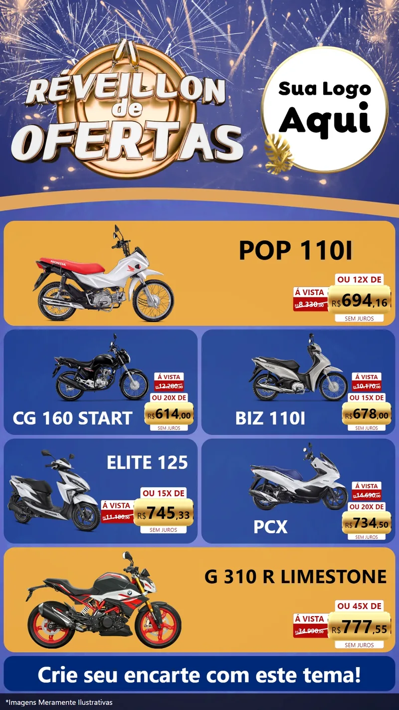 Modelo de TV para TV Vertical com o tema Réveillon de Ofertas para Concessionaria de Motos