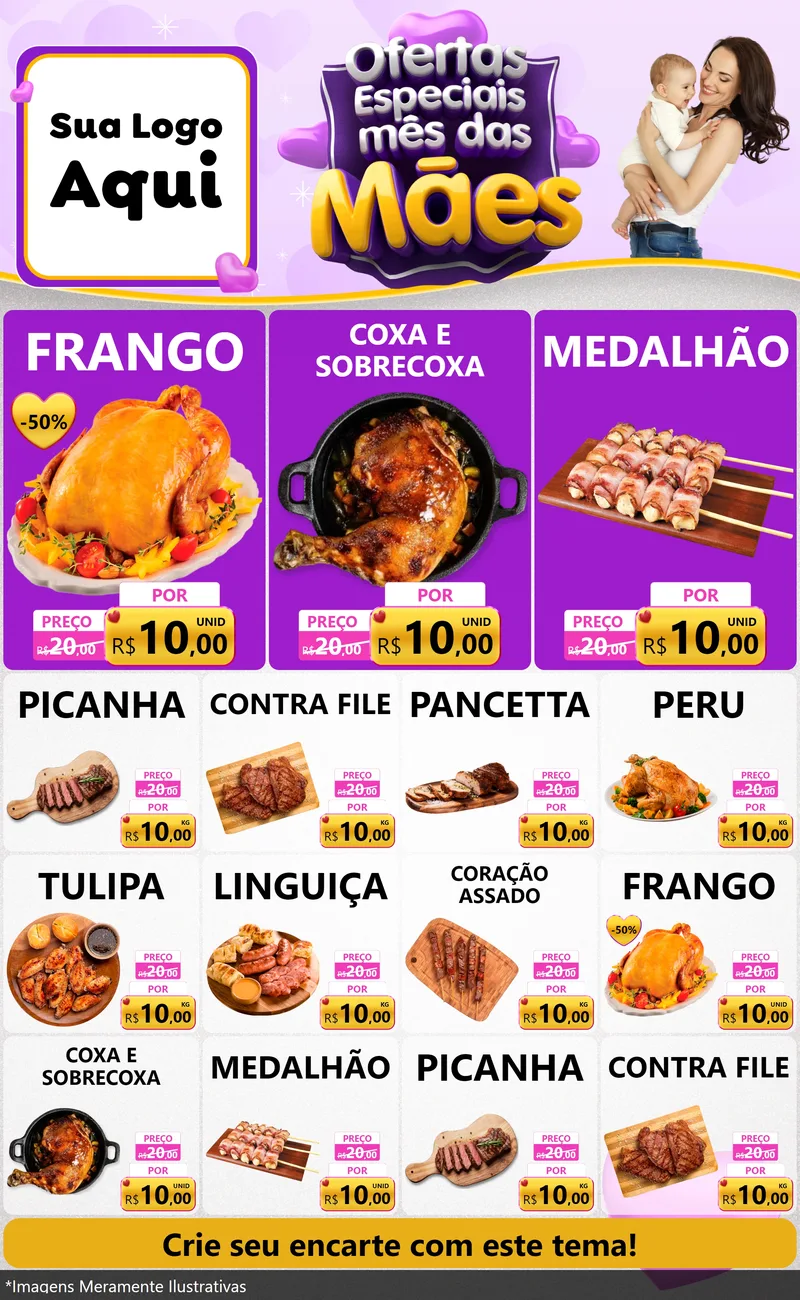 Modelo de Encarte para Encarte Grande com o tema Ofertas Especiais - Mês das Mães para Assados