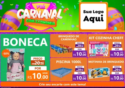 Modelo de Encarte para Encarte A4 Horizontal com o tema Pré-Carnaval Com Economia para Brinquedos