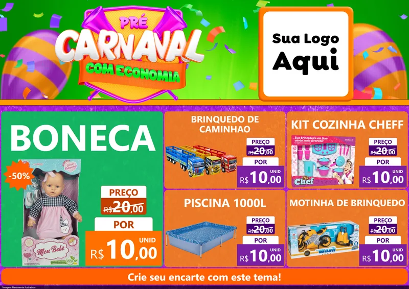 Modelo de Encarte para Encarte A4 Horizontal com o tema Pré-Carnaval Com Economia para Brinquedos