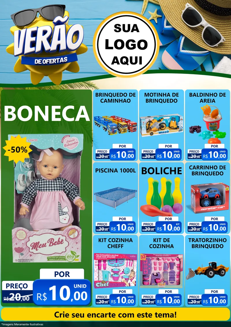 Modelo de Encarte para Encarte A4 Vertical com o tema Verão de Ofertas para Brinquedos
