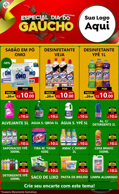 Modelo de Encarte para Encarte Grande com o tema Especial Dia do Gaúcho para Produtos de Limpeza