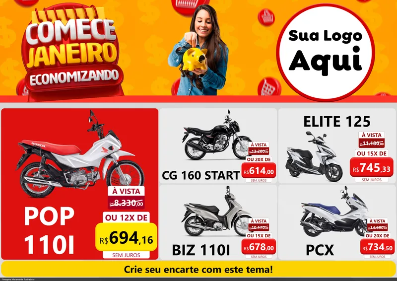 Modelo de Encarte para Encarte A4 Horizontal com o tema Comece Janeiro Economizando para Concessionaria de Motos