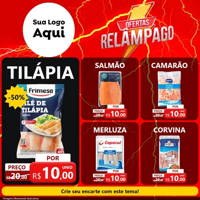 Modelo de Rede Social para Feed Facebook com o tema Ofertas Relâmpago para Peixaria