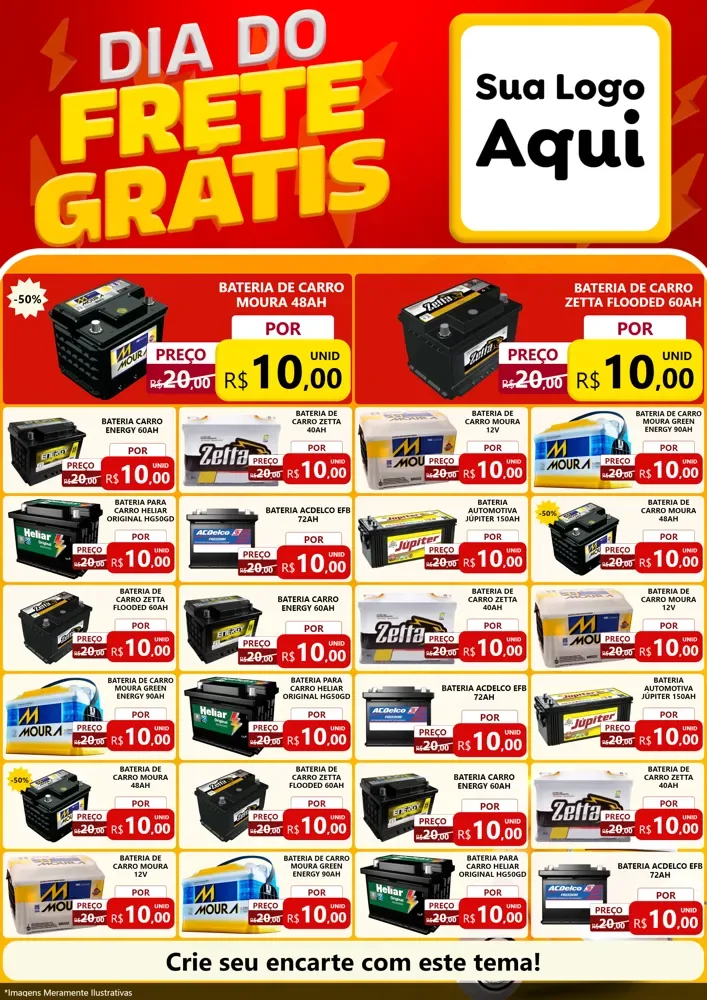Modelo de Encarte para Encarte A4 Vertical com o tema Dia do Frete Grátis para Baterias Elétricas