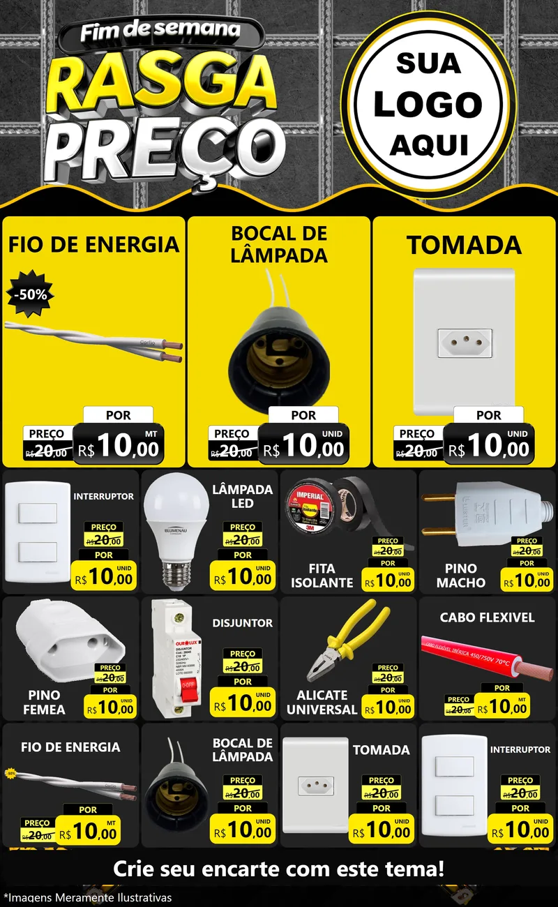 Modelo de Encarte para Encarte Grande com o tema Fim de Semana Rasga Preço para Materiais Elétricos