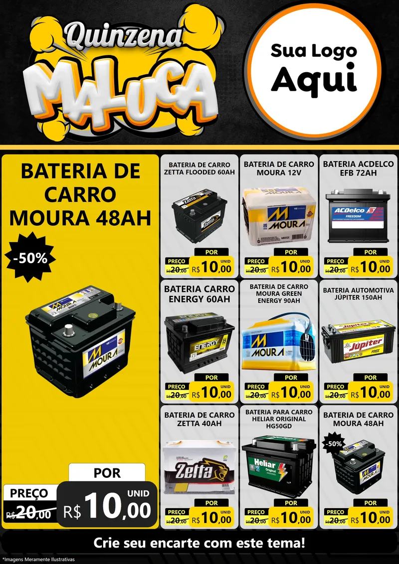 Modelo de Encarte para Encarte A4 Vertical com o tema Quinzena Maluca para Baterias Elétricas