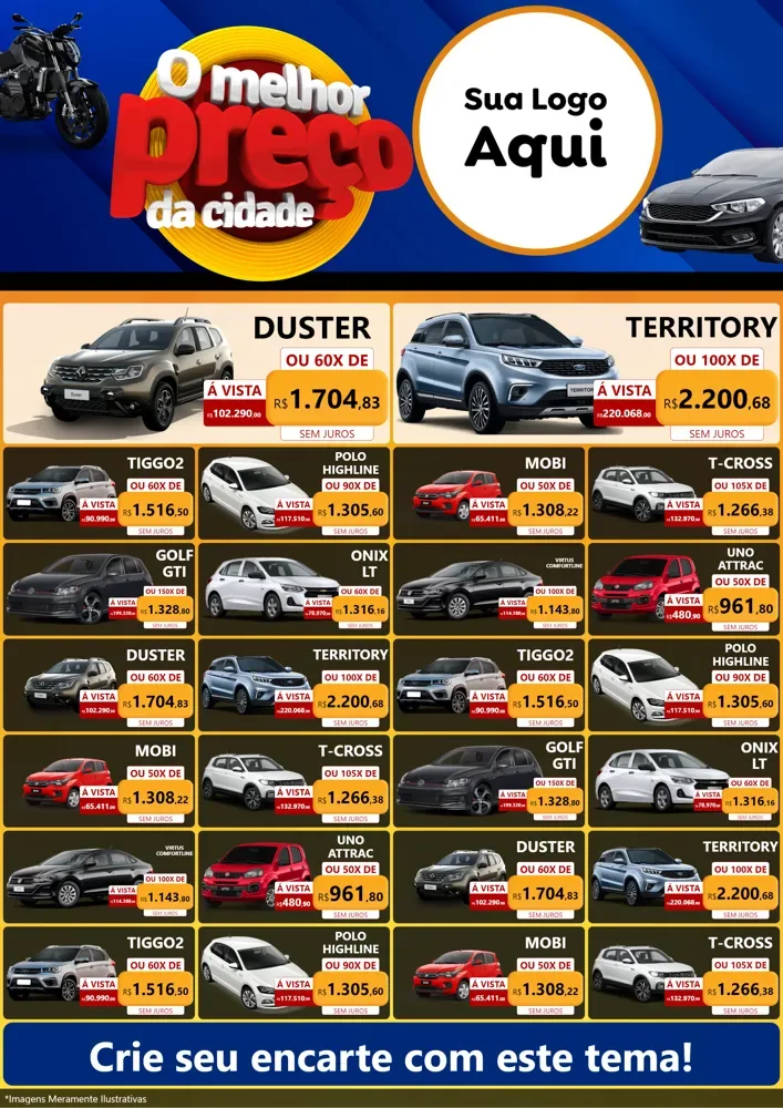 Modelo de Encarte para Encarte A4 Vertical com o tema O Melhor Preço da Cidade - Auto e Motopeças para Concessionaria de Carros