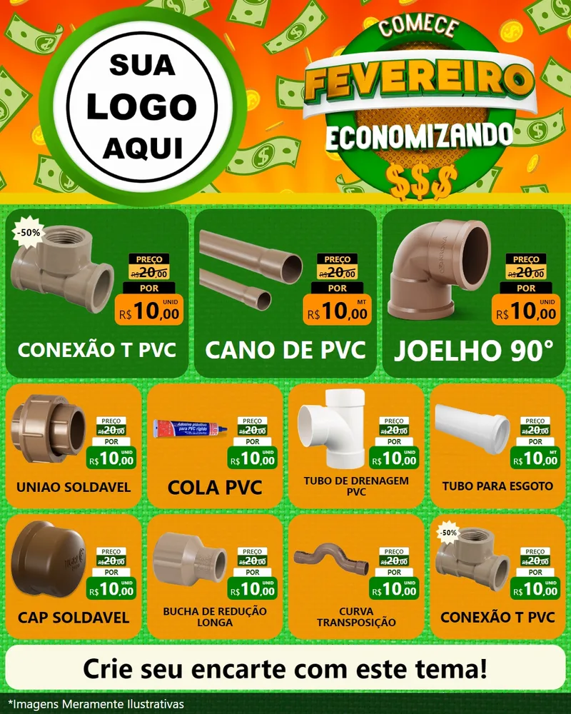 Modelo de Rede Social para Feed Instagram com o tema Comece Fevereiro Economizando para Tubos e conexões