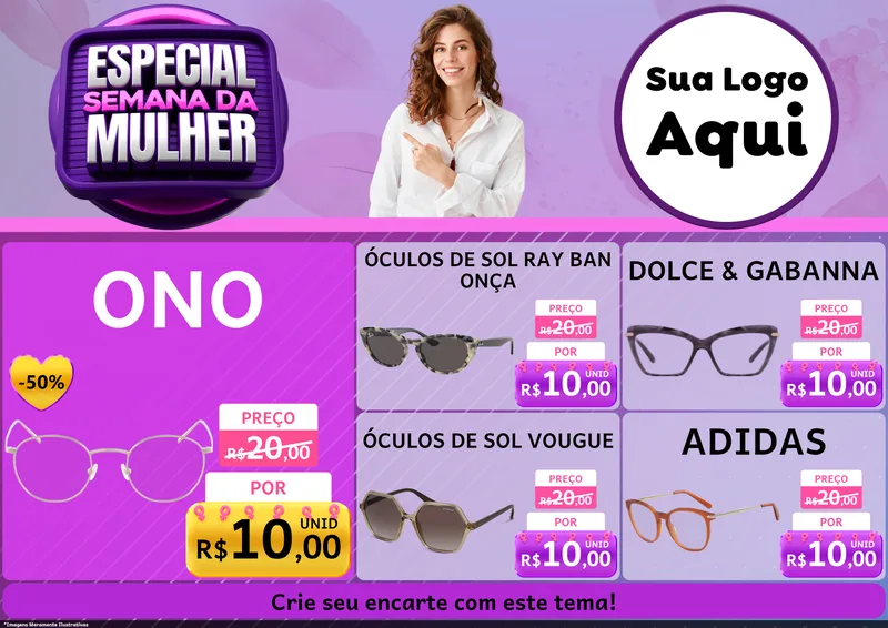 Modelo de Encarte para Encarte A4 Horizontal com o tema Especial Semana da Mulher para Óticas