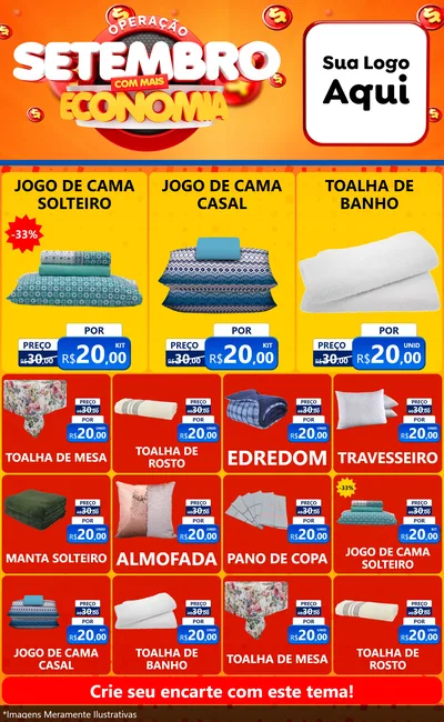 Modelo de Encarte para Encarte Grande com o tema Operação Setembro Com Muita Economia para Cama, Mesa e Banho
