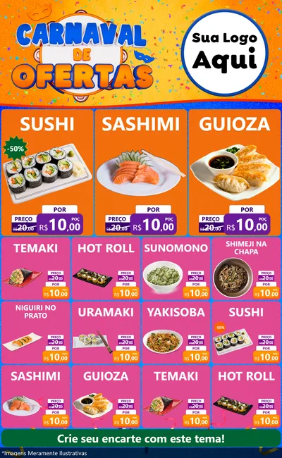 Modelo de Encarte para Encarte Grande com o tema Carnaval de Ofertas para Comida japonesa