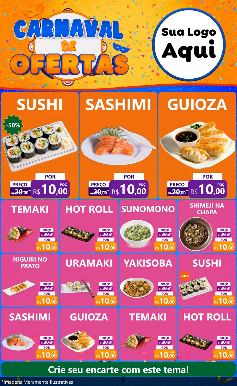 Modelo de Encarte para Encarte Grande com o tema Carnaval de Ofertas para Comida japonesa