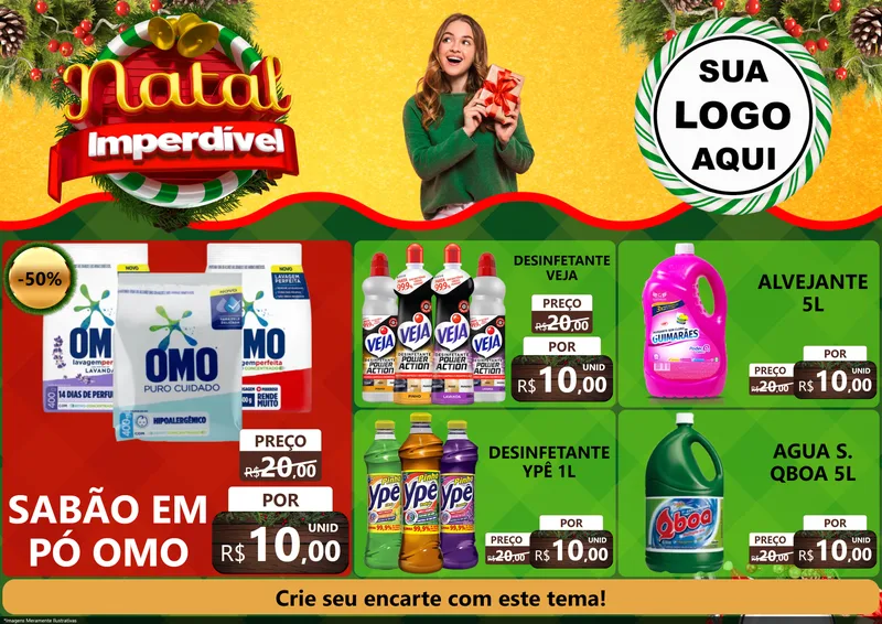 Modelo de Encarte para Encarte A4 Horizontal com o tema Natal Imperdível para Produtos de Limpeza