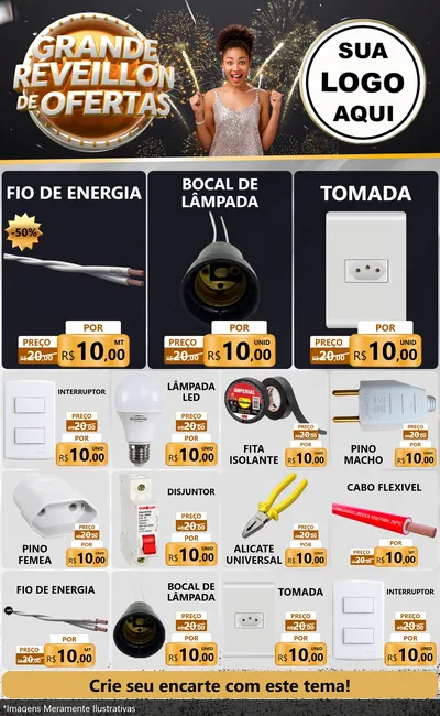 Modelo de Encarte para Encarte Grande com o tema Grande Réveillon de Ofertas para Materiais Elétricos