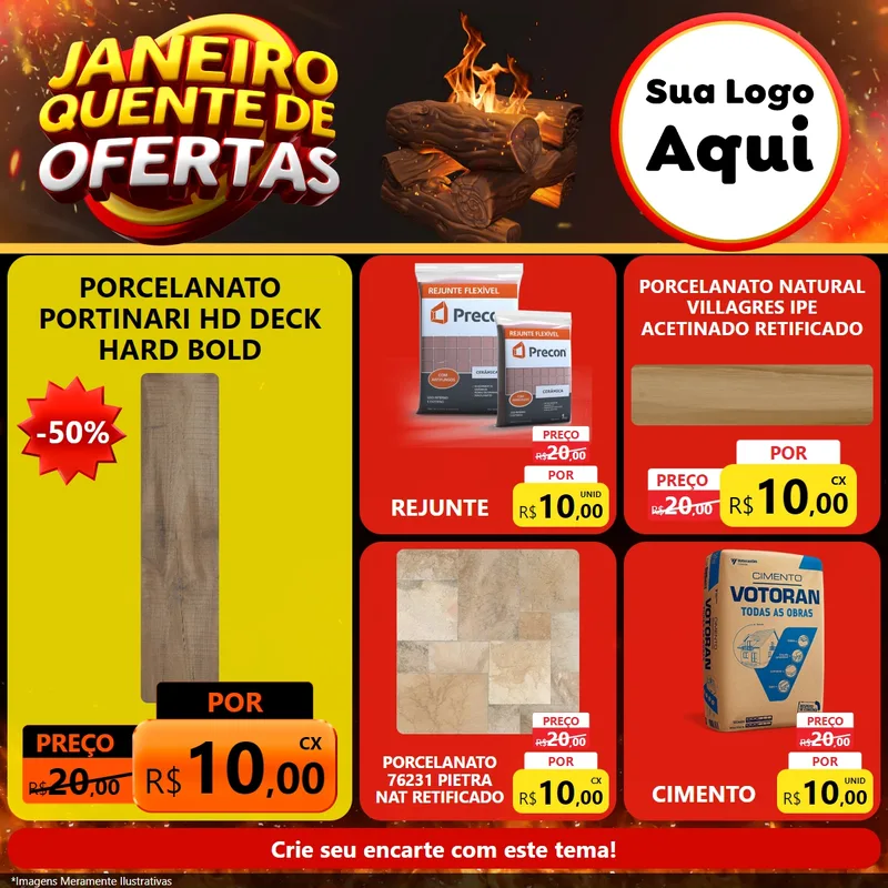 Modelo de Rede Social para Feed Facebook com o tema Janeiro Quente de Ofertas para Pisos e revestimentos