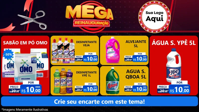 Modelo de TV para TV Horizontal com o tema Mega Reinauguração para Produtos de Limpeza