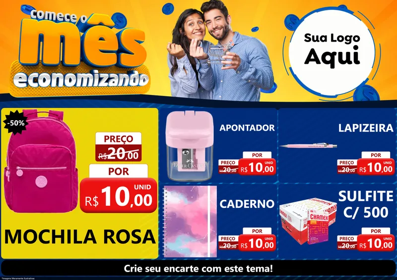 Modelo de Encarte para Encarte A4 Horizontal com o tema Comece O Mês Economizando para Papelaria