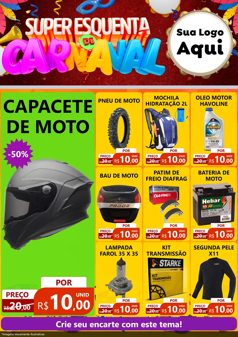 Modelo de Encarte para Encarte A4 Vertical com o tema Super Esquenta de Carnaval para Moto peças