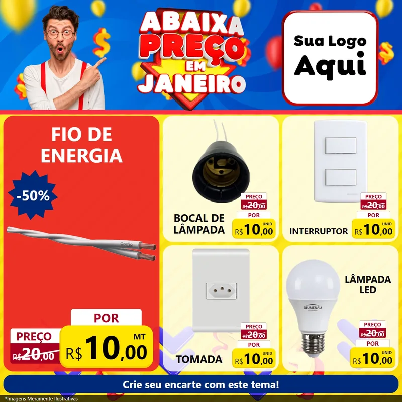 Modelo de Rede Social para Feed Facebook com o tema Abaixa Preço em Janeiro para Materiais Elétricos