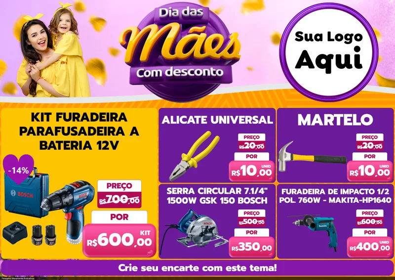 Modelo de Encarte para Encarte A4 Horizontal com o tema Dia das Mães com Desconto para Maquinas e Ferramentas