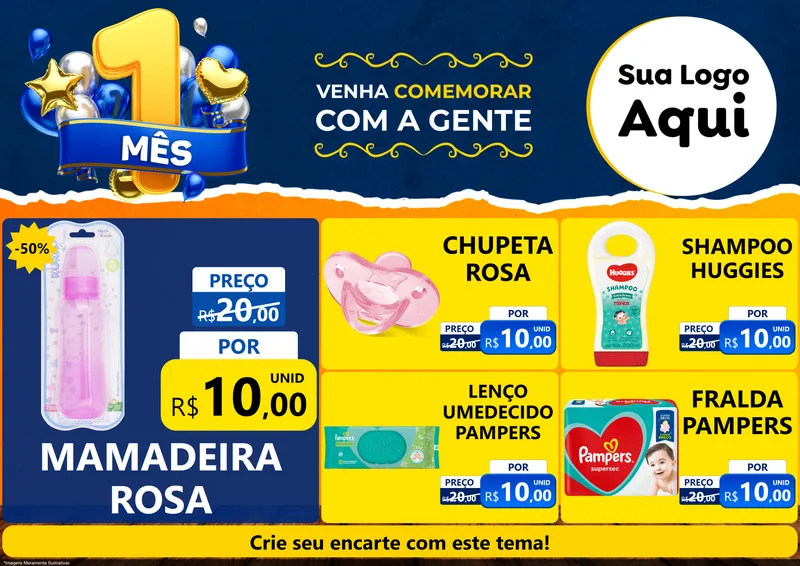 Modelo de Encarte para Encarte A4 Horizontal com o tema Um Mês de Aniversário para Bebês