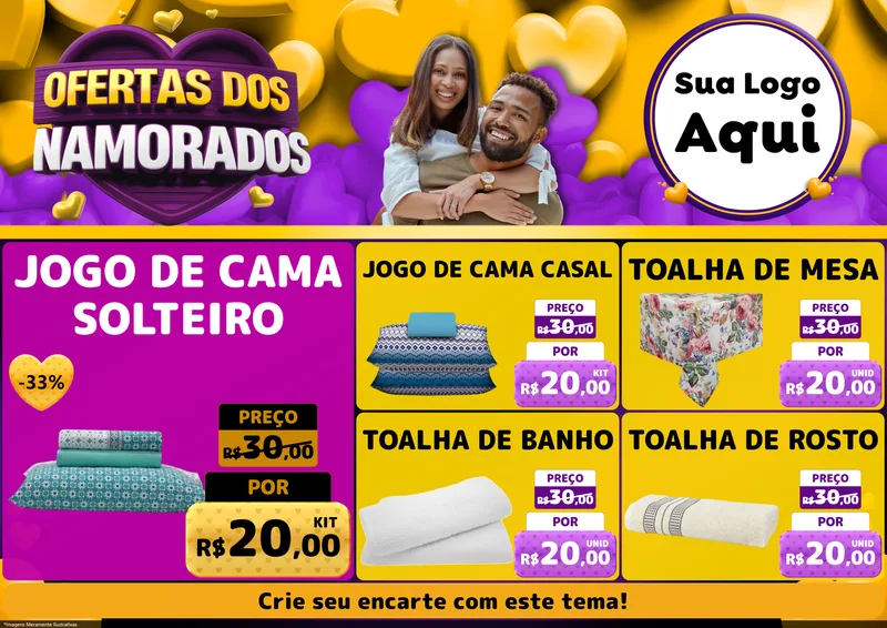 Modelo de Encarte para Encarte A4 Horizontal com o tema Oferta Dos Namorados para Cama, Mesa e Banho