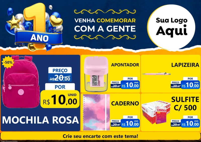 Modelo de Encarte para Encarte A4 Horizontal com o tema Um Ano de Aniversário para Papelaria