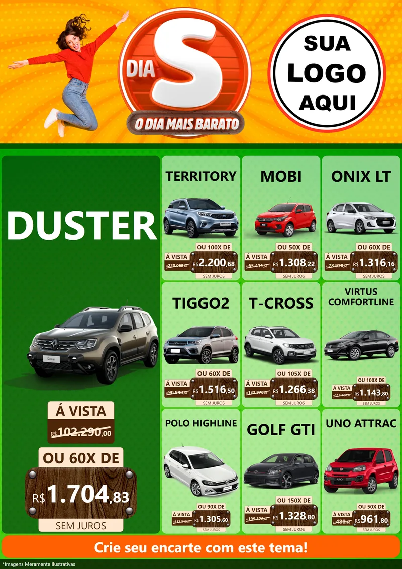 Modelo de Encarte para Encarte A4 Vertical com o tema Dia S - O Dia Mais Barato para Concessionaria de Carros