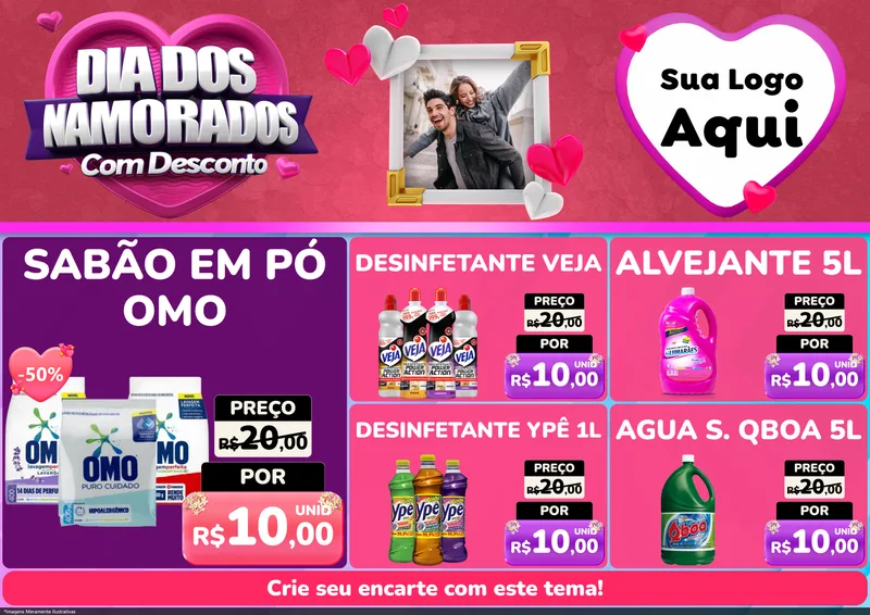 Modelo de Encarte para Encarte A4 Horizontal com o tema Dia Dos Namorados Com Desconto para Produtos de Limpeza