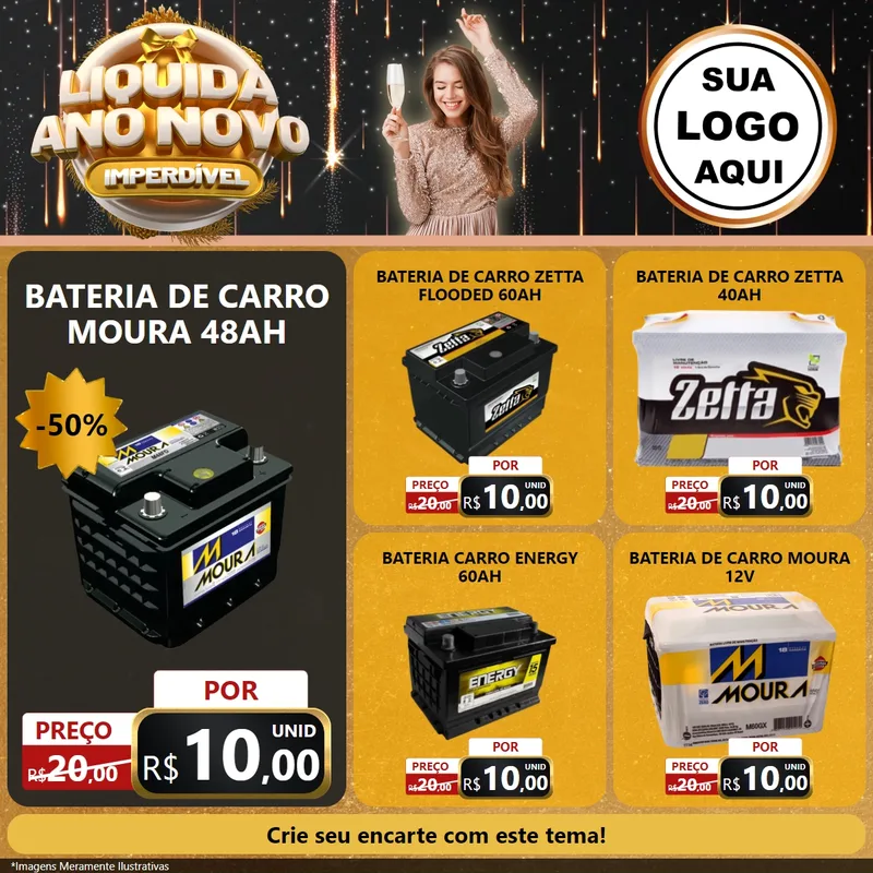 Modelo de Rede Social para Feed Facebook com o tema Liquida Ano Novo Imperdível para Baterias Elétricas