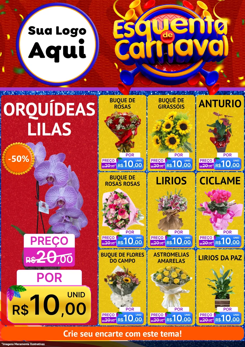 Modelo de Encarte para Encarte A4 Vertical com o tema Esquenta de Carnaval para Floricultura e jardim