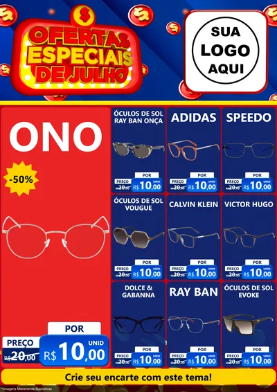 Modelo de Encarte para Encarte A4 Vertical com o tema Ofertas Especiais de Julho para Óticas