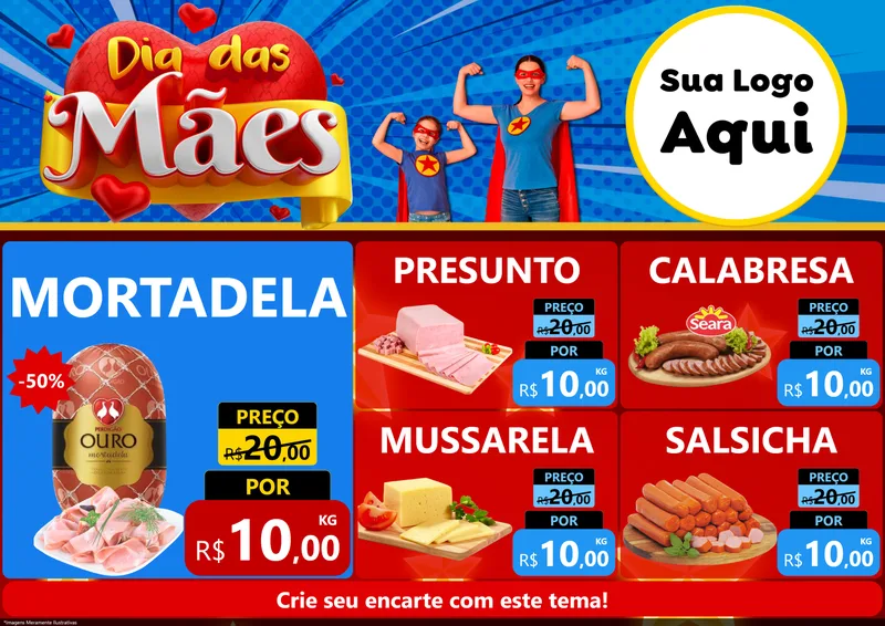 Modelo de Encarte para Encarte A4 Horizontal com o tema Dia das Mães para Frios e Laticínios