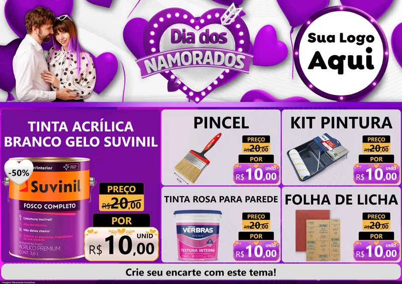 Modelo de Encarte para Encarte A4 Horizontal com o tema Dia dos Namorados para Tintas e Ferramentas