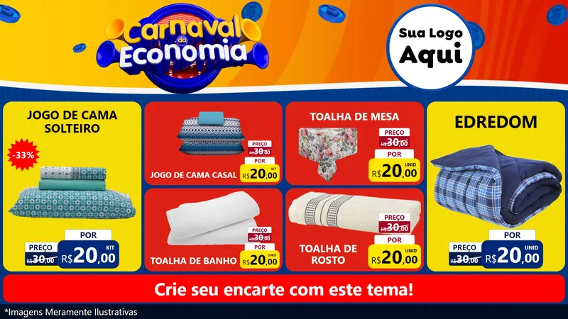 Modelo de TV para TV Horizontal com o tema Carnaval da Economia para Cama, Mesa e Banho