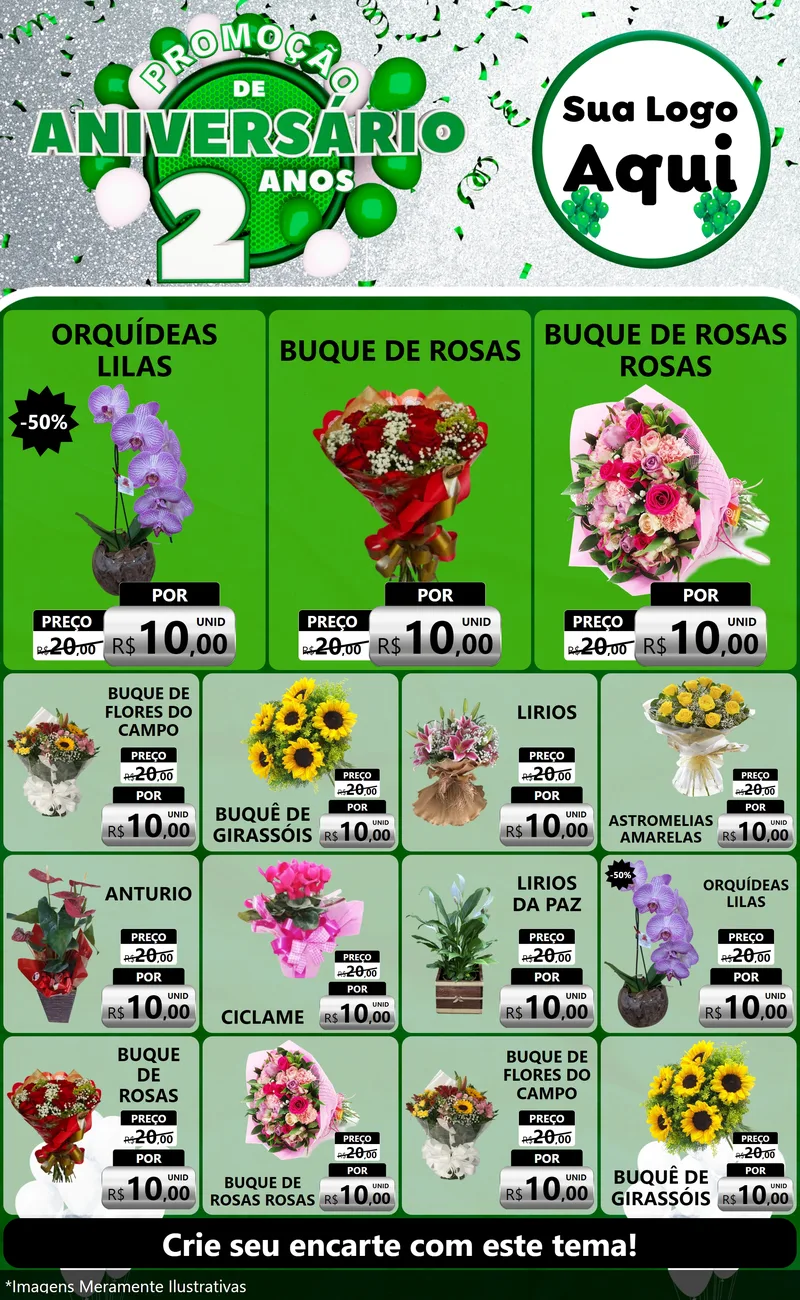 Modelo de Encarte para Encarte Grande com o tema Promoção de Aniversário - 2 Anos para Floricultura e jardim