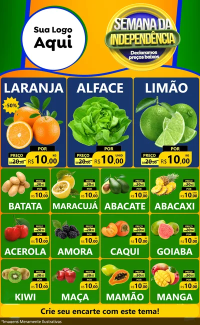 Modelo de Encarte para Encarte Grande com o tema Semana da Independência Declaramos Preços Baixos para Hortifrúti