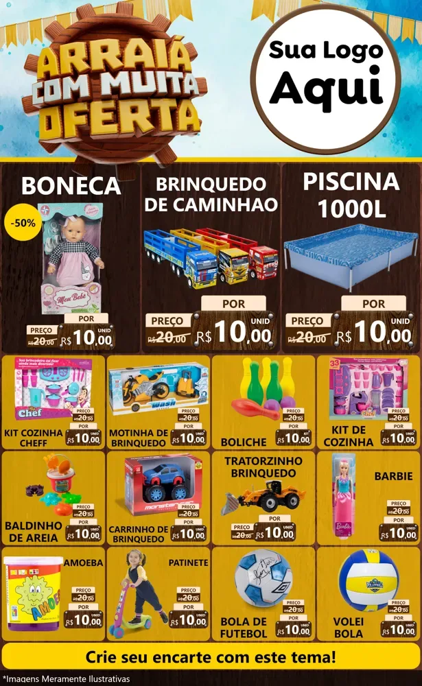 Modelo de Encarte para Encarte Grande com o tema Ofertas de São João - Junina para Brinquedos