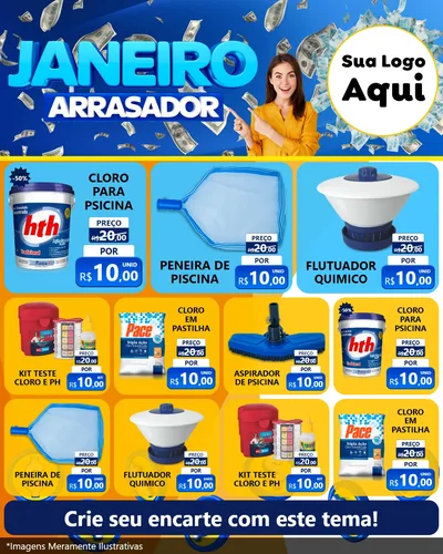 Modelo de Rede Social para Feed Instagram com o tema Janeiro Arrasador para Produtos para Piscina