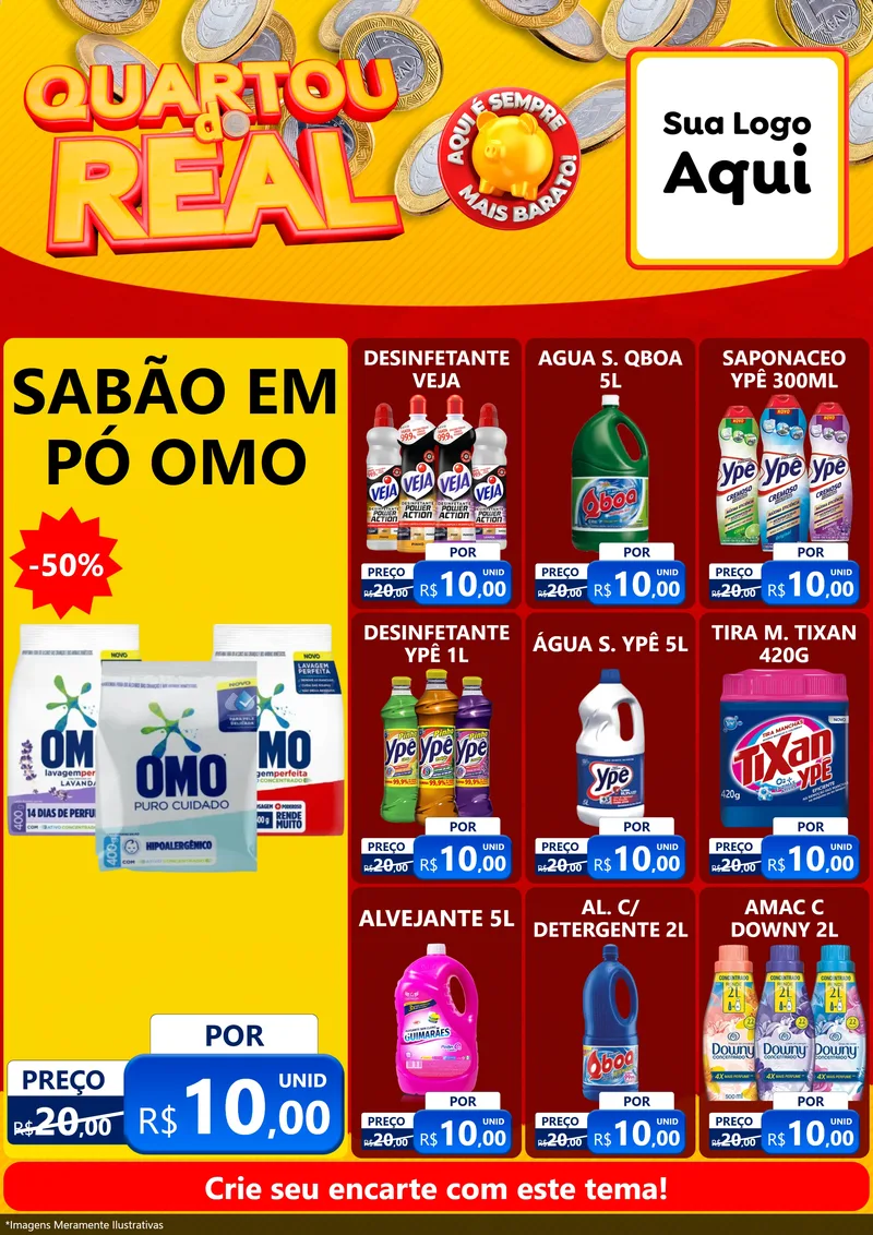 Modelo de Encarte para Encarte A4 Vertical com o tema Quartou do Real para Produtos de Limpeza