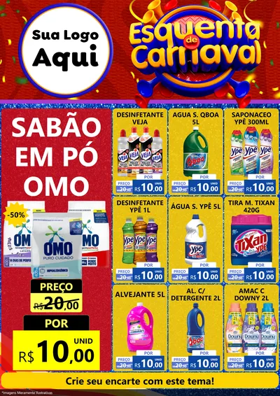 Modelo de Encarte para Encarte A4 Vertical com o tema Esquenta de Carnaval para Produtos de Limpeza