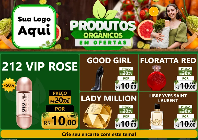 Modelo de Encarte para Encarte A4 Horizontal com o tema Produtos Orgânicos em Ofertas para Perfumes