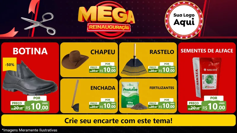 Modelo de TV para TV Horizontal com o tema Mega Reinauguração para Agropecuária