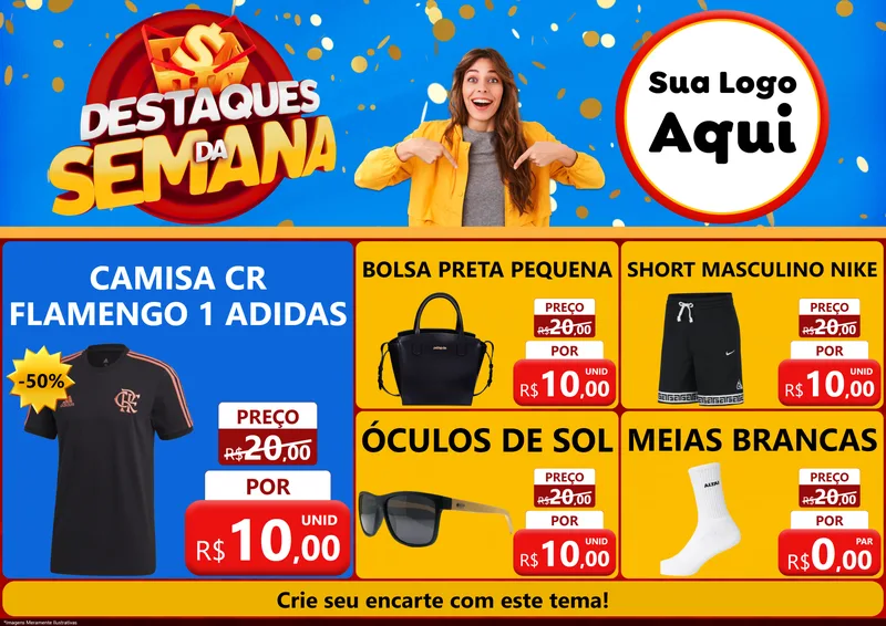 Modelo de Encarte para Encarte A4 Horizontal com o tema Destaques da Semana para Roupas e acessórios