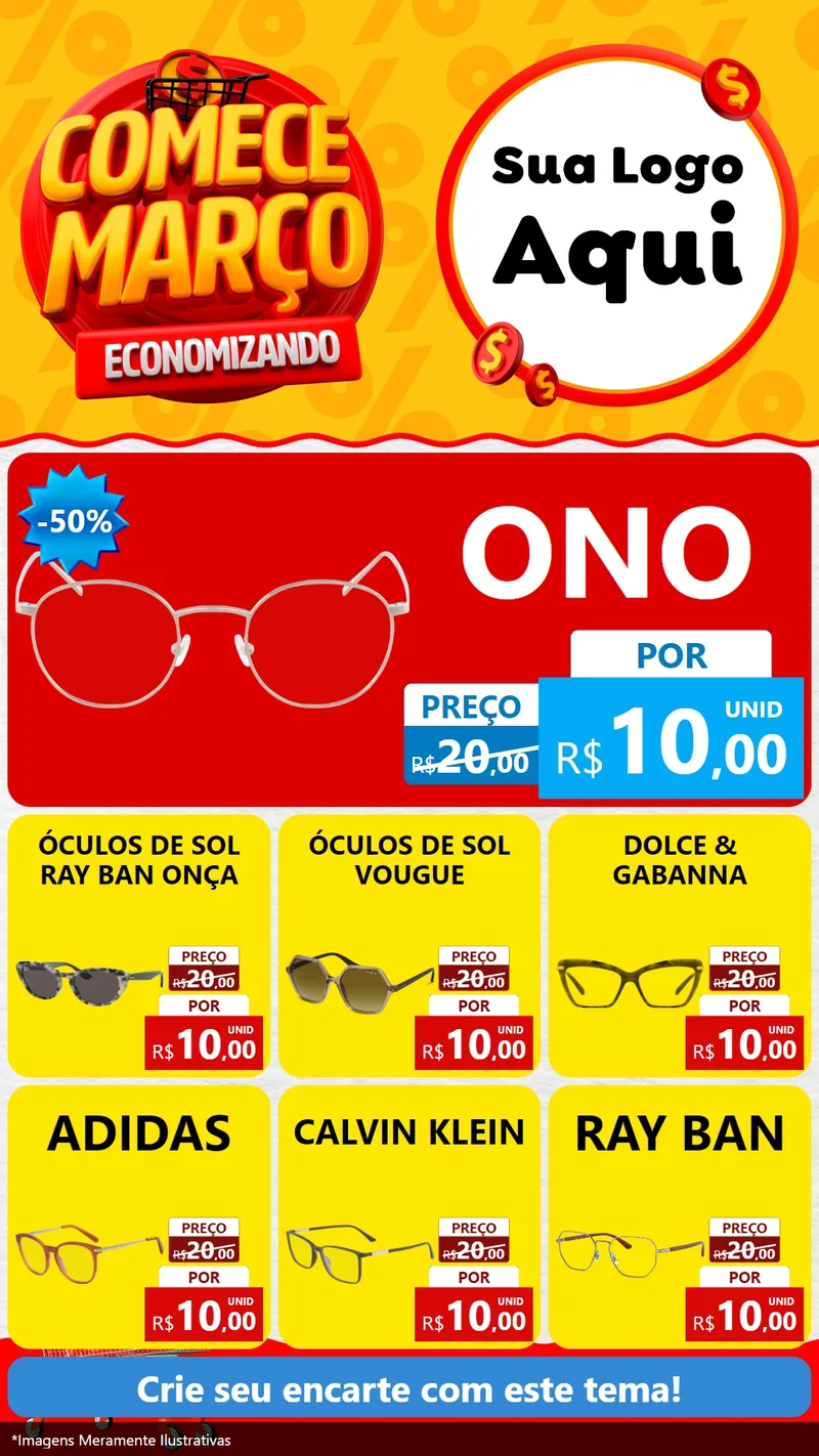 Modelo de Rede Social para Stories com o tema Comece Março Economizando para Óticas