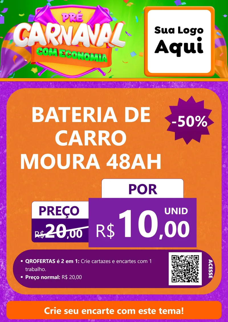 Modelo de Cartaz para Cartaz A4 Vertical com o tema Pré-Carnaval Com Economia para Baterias Elétricas